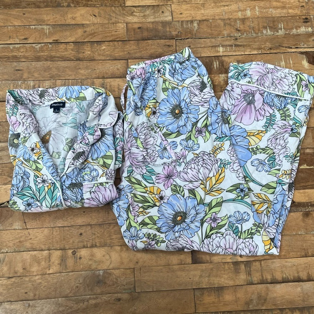 GapBody Linen Blend Floral Print Pajama Set Womens Size Large Top & Medium Pants